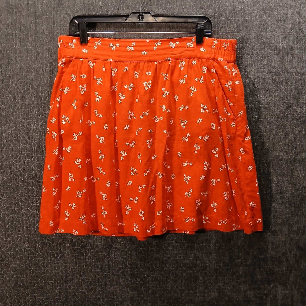 LOFT Outlet Orange Floral Linen Blend Mini Skirt Size L Pockets Elastic Waist